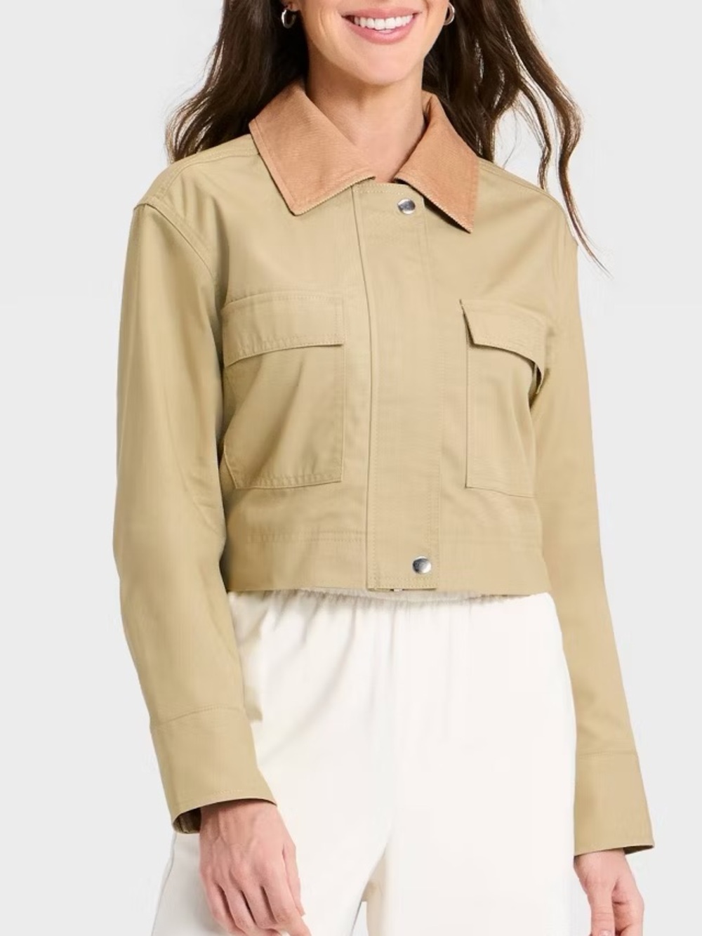 a new day Beige Cropped Utility Jacket with Brown Contrast Collar